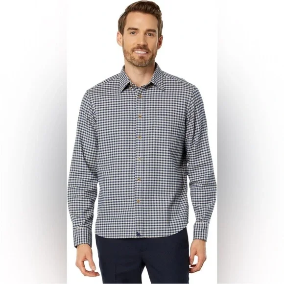 New UNTUCKit Cerasuolo Flannel Shirt Mens XL Navy Blue Khaki Checks Cotton Fall - Picture 5 of 5